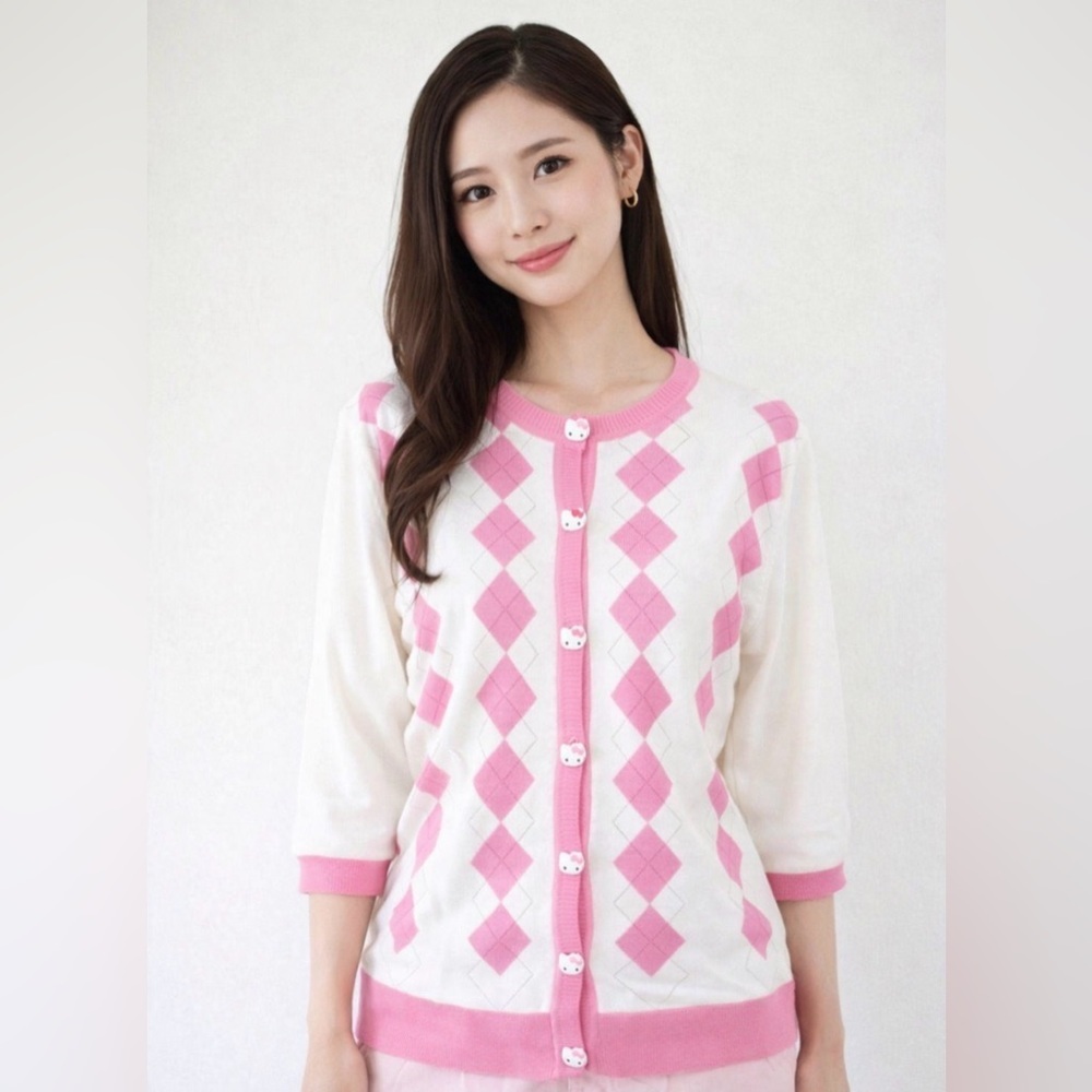 Sanrio Hello Kitty Argyle Button Front Knit Cardigan Hello Kitty Buttons Pink XL